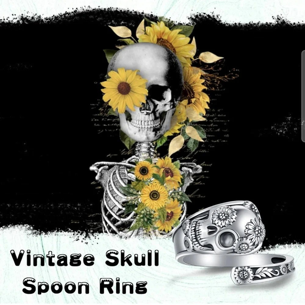 Silver Skull Spoon Ring with Floral Detail - Adjustable - Picture 3 of 6